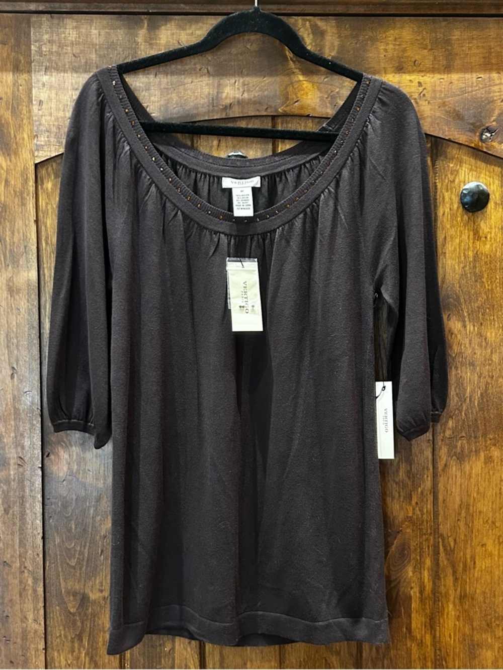 Vertigo Paris Dark Brown Scoop Neck Knit Tunic with accents, Size M